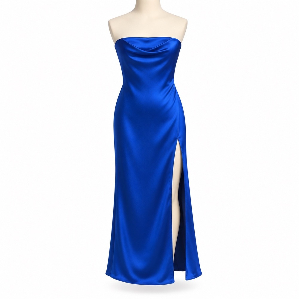 Trina Turk Satin Strapless Draped Midi/Maxi Dress Blue Size 2 High Slit Formal